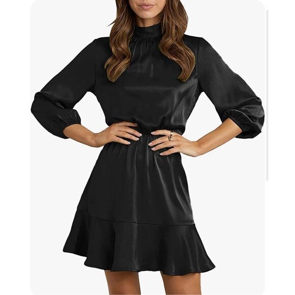 NEW Satin Short Dress Long Lantern Sleeve Self Tie Back S - Picture 1 of 4